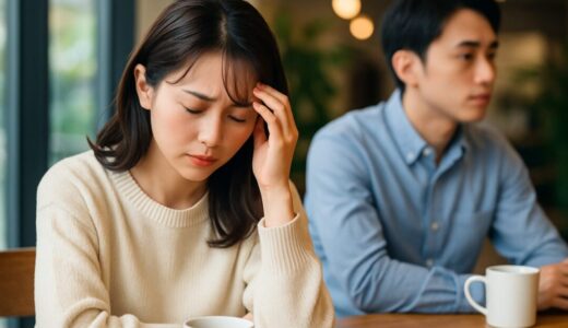 悩む女性 フリー素材：カフェで恋愛のすれ違いに悩むカップル【ap000041】