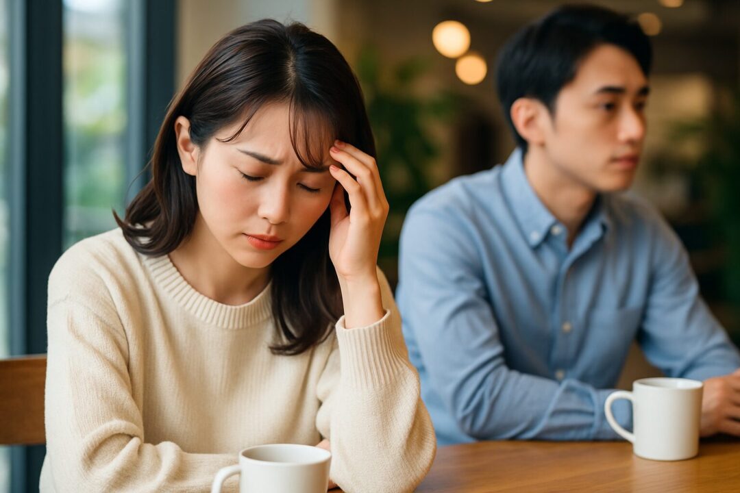 カフェのテーブルで沈黙するカップル。女性は頭を抱えて悩み、男性は視線を逸らし無言のまま。恋愛のすれ違いを感じさせる場面