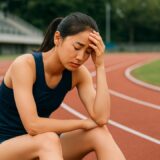 陸上トラックに座り、頭を抱えて悩む女性選手の姿。試合や練習に対するプレッシャーや葛藤を感じさせるリアルなスポーツシーンのフリー素材