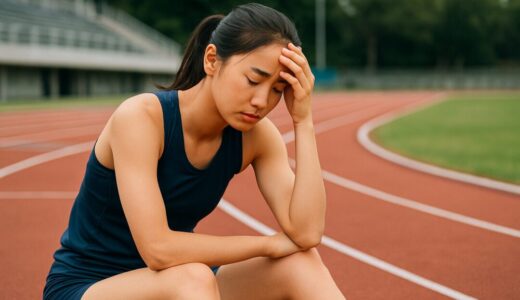 悩む女性 フリー素材：競技場で中距離走のプレッシャーに悩む選手【ap000042】