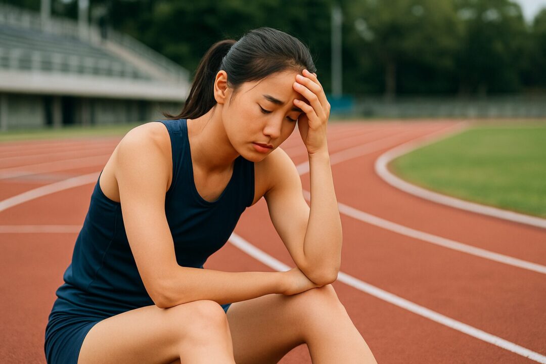 陸上トラックに座り、頭を抱えて悩む女性選手の姿。試合や練習に対するプレッシャーや葛藤を感じさせるリアルなスポーツシーンのフリー素材