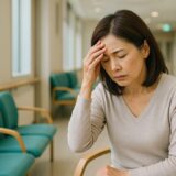 病院の待合室で頭を抱えて座る中年女性。健康に対する不安と緊張がにじむリアルな表情が、医療・心身の悩みを伝えるフリー素材として最適。