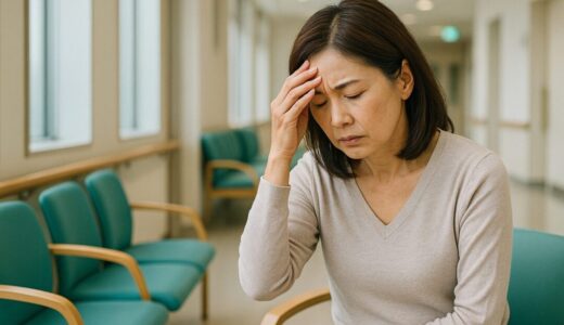悩む女性 フリー素材：悩む女性 フリー素材：病院の待合室で健康不安に悩む中年女性【ap000043】