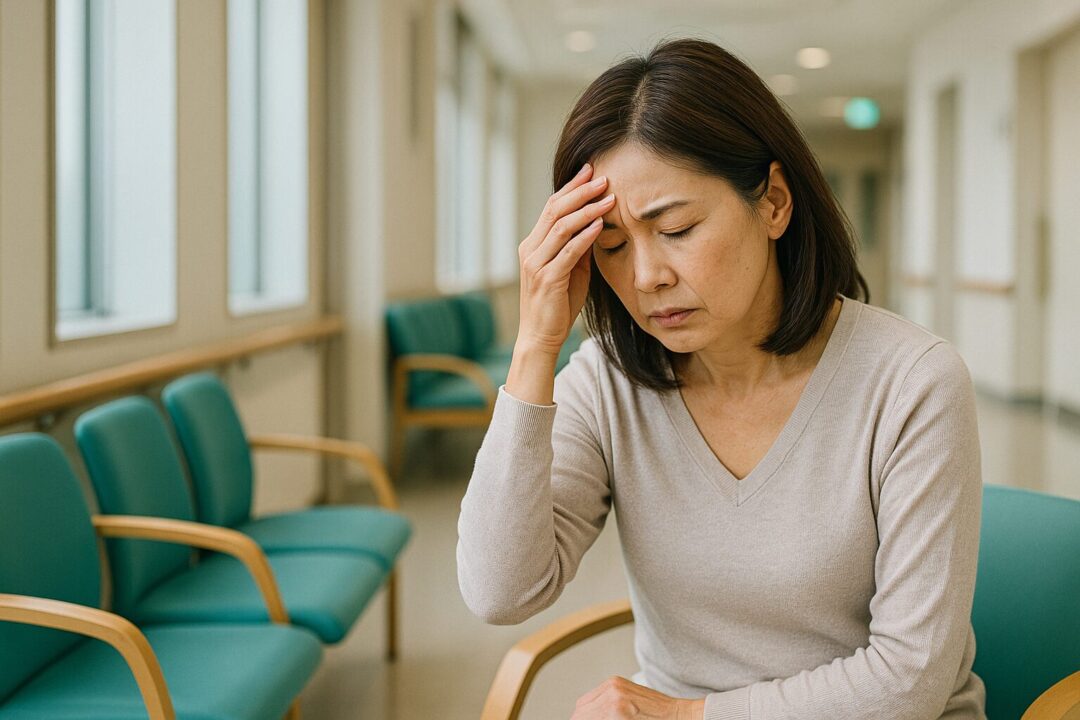 病院の待合室で頭を抱えて座る中年女性。健康に対する不安と緊張がにじむリアルな表情が、医療・心身の悩みを伝えるフリー素材として最適。