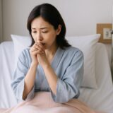 悩む女性 フリー素材：病室のベッドで病気の悩みに沈む40代美人日本人女性【ap000045】