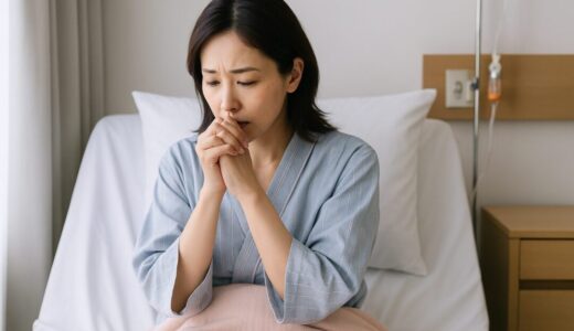 悩む女性 フリー素材：病室のベッドで病気の悩みに沈む40代美人日本人女性【ap000045】