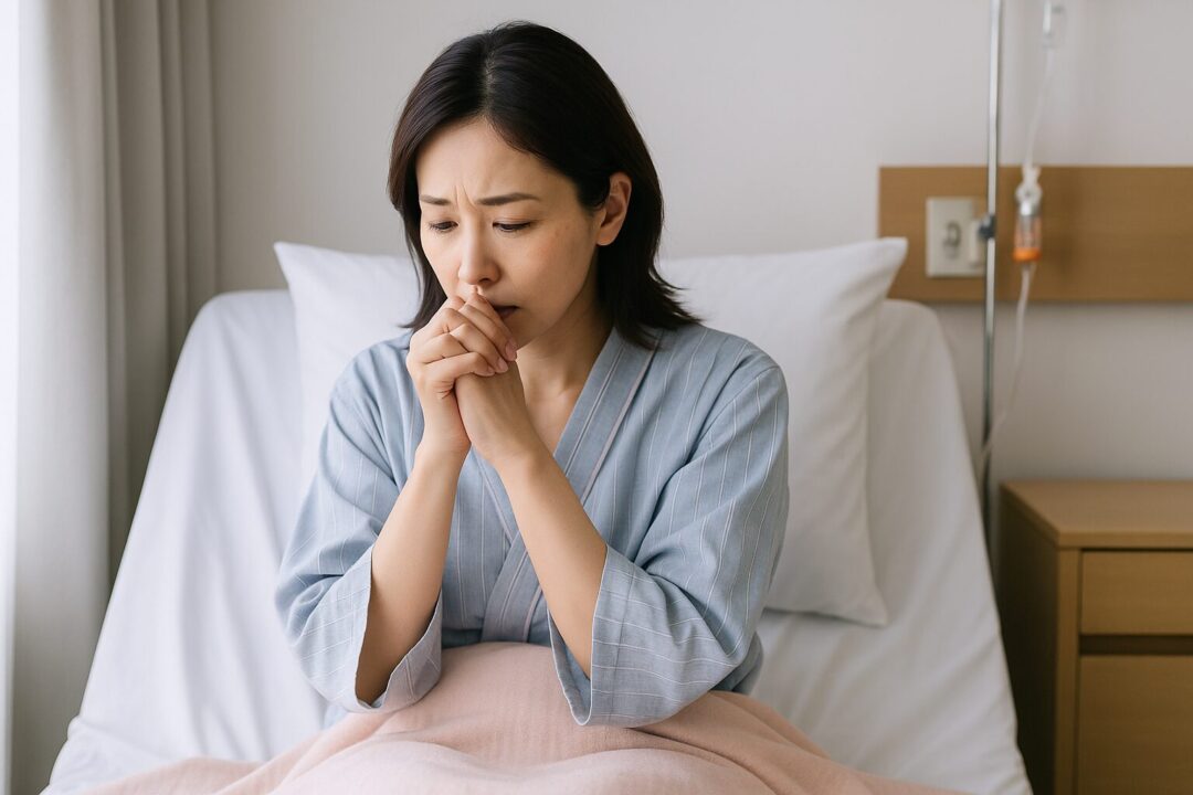 病室のベッドに座り、手を組んで不安げな表情を見せる40代の日本人女性。病気への不安と入院中の孤独を表現したリアルな横長構図のフリー素材。