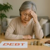 テーブルに広がる「DEBT」の書類と小銭の山を前に、頭を抱える高齢女性。年金暮らしの中での金銭的な不安や投資失敗の現実を伝えるフリー素材。