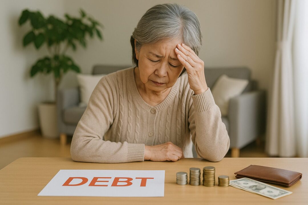 テーブルに広がる「DEBT」の書類と小銭の山を前に、頭を抱える高齢女性。年金暮らしの中での金銭的な不安や投資失敗の現実を伝えるフリー素材。