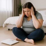 明るい寝室の床に座り、体重計を見つめて頭を抱える30代女性。体型や体重への悩みをリアルに表現した健康・ダイエット系のフリー素材。