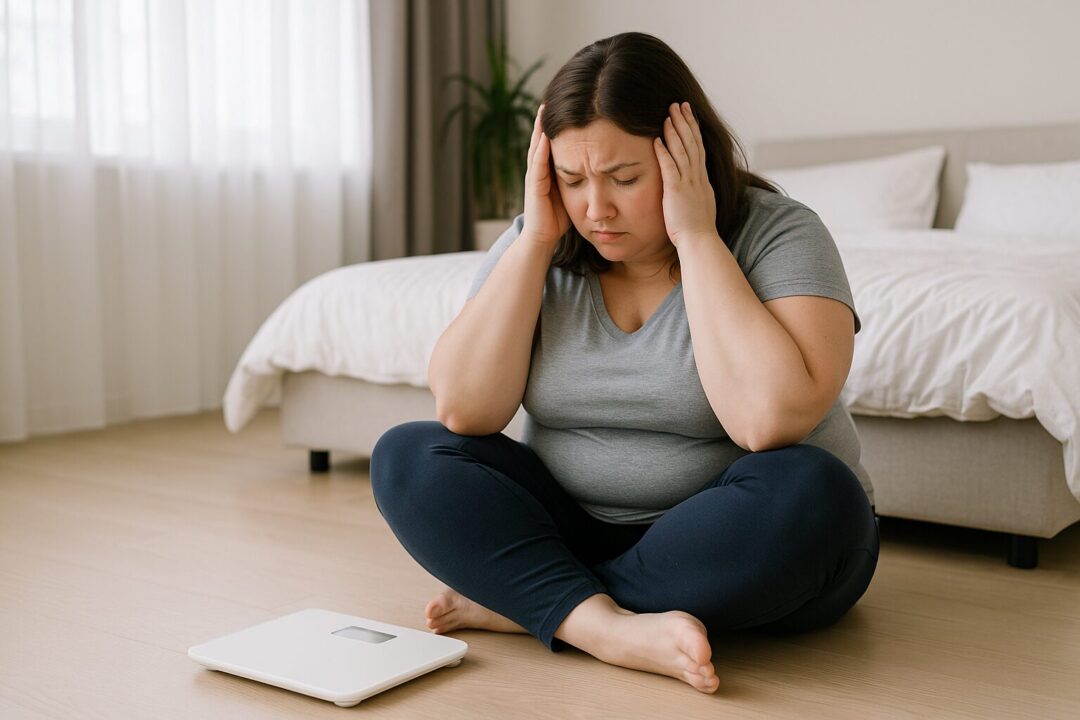 明るい寝室の床に座り、体重計を見つめて頭を抱える30代女性。体型や体重への悩みをリアルに表現した健康・ダイエット系のフリー素材。