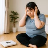 明るい寝室で体重計を前に頭を抱える20代日本人女性。ダイエットや体型の悩みを抱える姿をリアルに表現した横長構図のフリー素材。