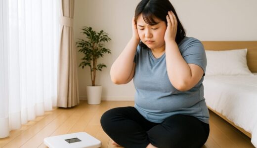 悩む女性 フリー素材：体重に悩む20代日本人女性が体重計を見つめるシーン悩む女性 【ap000048】