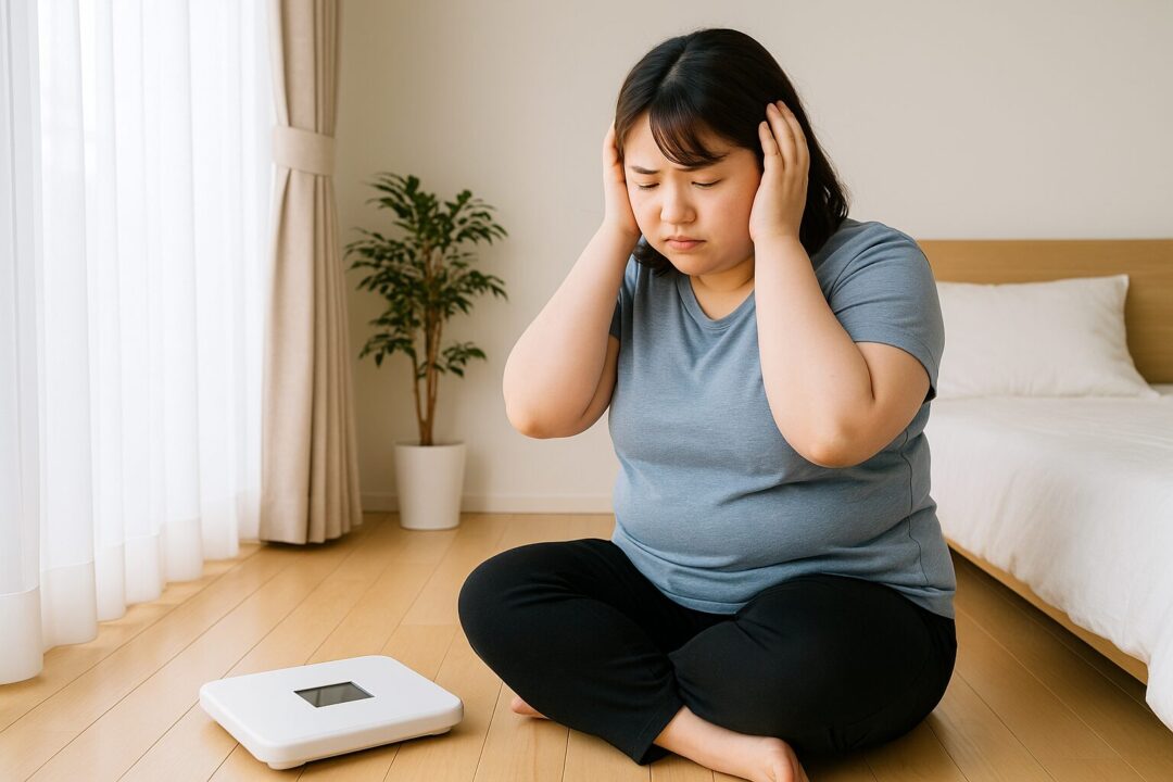 明るい寝室で体重計を前に頭を抱える20代日本人女性。ダイエットや体型の悩みを抱える姿をリアルに表現した横長構図のフリー素材。