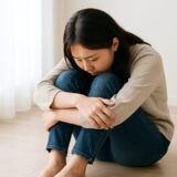 静かな室内で、膝を抱えて床に体育座りしながら悩む20代の日本人女性。自然光が差し込む空間での内省的な姿を描いた横長構図のフリー素材。