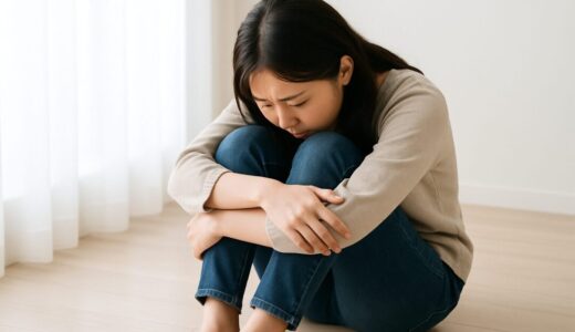 膝を抱えて体育座りする悩む女性のフリー画像 【ap000049】