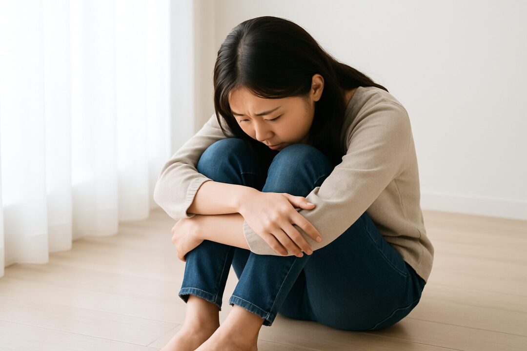 静かな室内で、膝を抱えて床に体育座りしながら悩む20代の日本人女性。自然光が差し込む空間での内省的な姿を描いた横長構図のフリー素材。