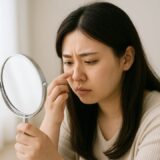 明るい室内で手鏡を持ち、鼻の毛穴を気にしながら真剣な表情を浮かべる20代の日本人女性。美容への関心や悩みを表現したリアルなフリー素材。