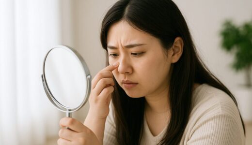 明るい室内で手鏡を持ち、鼻の毛穴を気にしながら真剣な表情を浮かべる20代の日本人女性。美容への関心や悩みを表現したリアルなフリー素材。