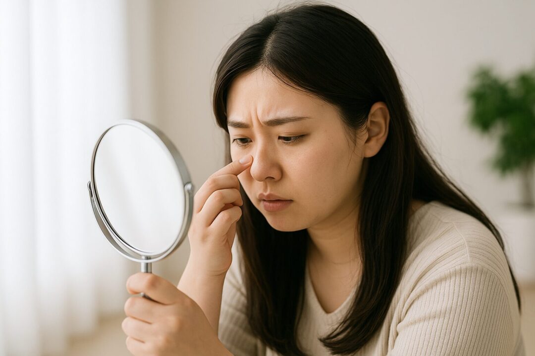 明るい室内で手鏡を持ち、鼻の毛穴を気にしながら真剣な表情を浮かべる20代の日本人女性。美容への関心や悩みを表現したリアルなフリー素材。