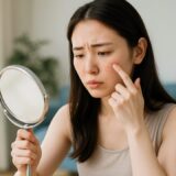 明るい部屋で手鏡を持ち、頬のニキビを気にして見つめる表情の20代日本人女性。美容と肌荒れに対する悩みをリアルに描いた横長構図のフリー素材