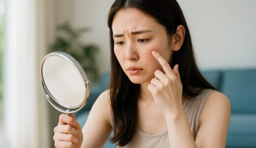 明るい部屋で手鏡を持ち、頬のニキビを気にして見つめる表情の20代日本人女性。美容と肌荒れに対する悩みをリアルに描いた横長構図のフリー素材