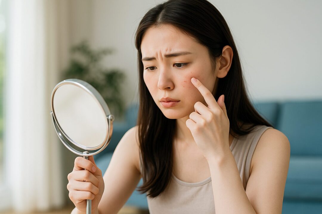 明るい部屋で手鏡を持ち、頬のニキビを気にして見つめる表情の20代日本人女性。美容と肌荒れに対する悩みをリアルに描いた横長構図のフリー素材