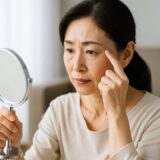 自然光の入る部屋で、手鏡を使い目尻を指で押さえながら確認する50代の日本人女性。美容への意識と年齢による変化に対する繊細な悩みを表現した横長フリー素材