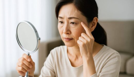 自然光の入る部屋で、手鏡を使い目尻を指で押さえながら確認する50代の日本人女性。美容への意識と年齢による変化に対する繊細な悩みを表現した横長フリー素材