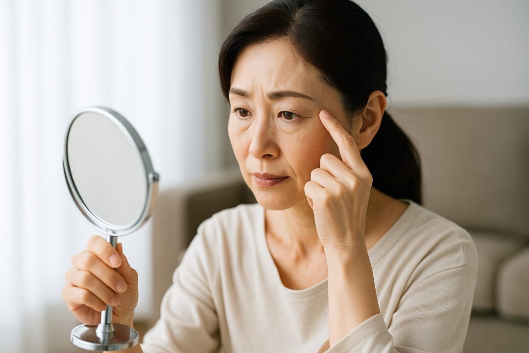 自然光の入る部屋で、手鏡を使い目尻を指で押さえながら確認する50代の日本人女性。美容への意識と年齢による変化に対する繊細な悩みを表現した横長フリー素材