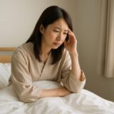 病院のベッドに座り、頭に手を当てて悩む表情を浮かべる40代の美人日本人女性。体調や治療への不安を静かに表現したリアルな入院シーンの横長フリー素材