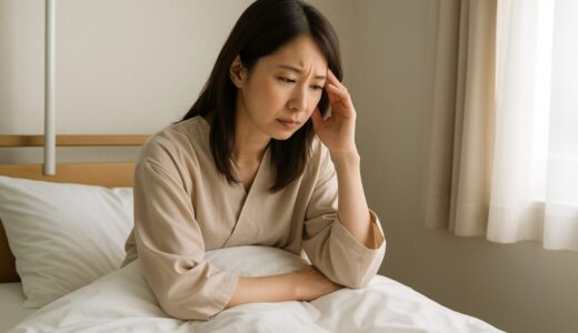 病院のベッドに座り、頭に手を当てて悩む表情を浮かべる40代の美人日本人女性。体調や治療への不安を静かに表現したリアルな入院シーンの横長フリー素材
