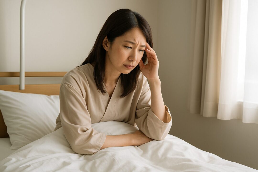 病院のベッドに座り、頭に手を当てて悩む表情を浮かべる40代の美人日本人女性。体調や治療への不安を静かに表現したリアルな入院シーンの横長フリー素材