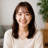 私服姿で明るい室内に座り、優しい笑顔を見せる20代の日本人女性。シンプルな部屋と自然光が、親しみやすく爽やかな印象を演出する無料画像
