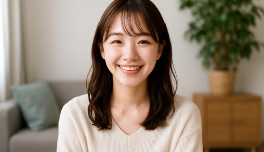 笑顔の女性 フリー素材：部屋で微笑む20代日本人女性の自然な表情【ap000055】
