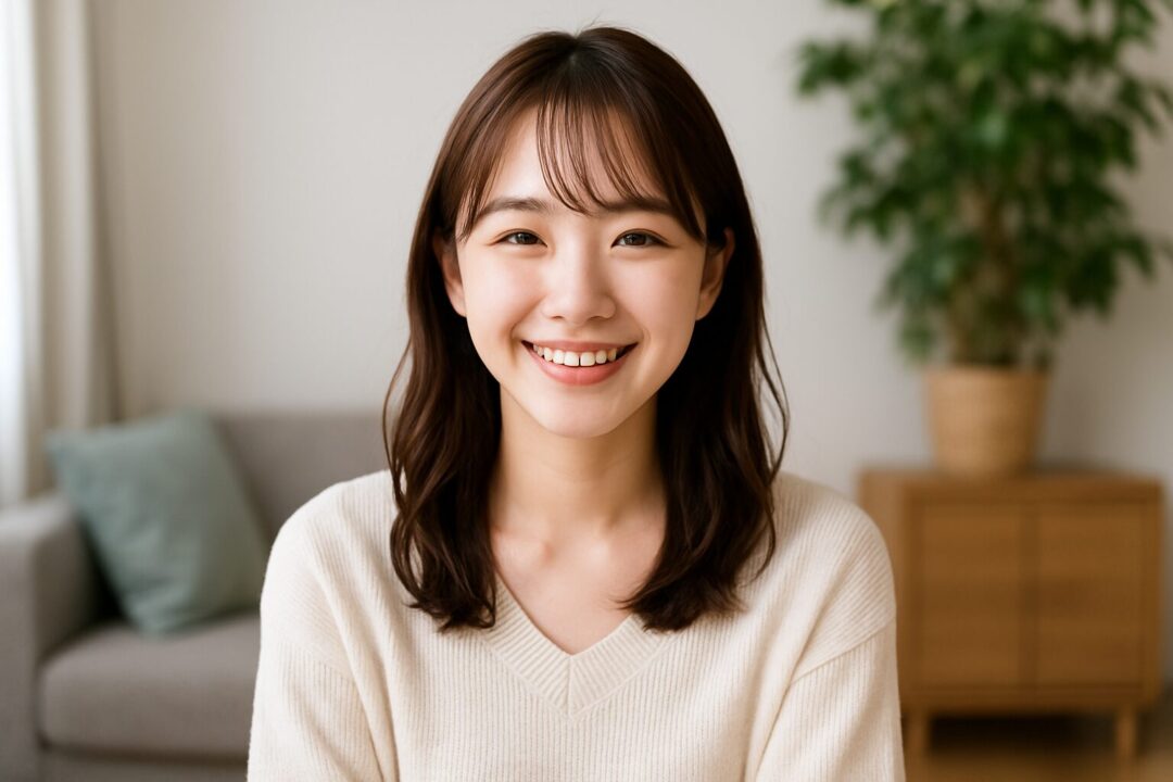 私服姿で明るい室内に座り、優しい笑顔を見せる20代の日本人女性。シンプルな部屋と自然光が、親しみやすく爽やかな印象を演出する無料画像