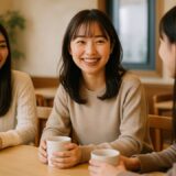 カフェでテーブルを囲む20代の日本人女子大学生3人。穏やかな雰囲気の中、笑顔で会話を楽しむ姿が印象的な無料画像