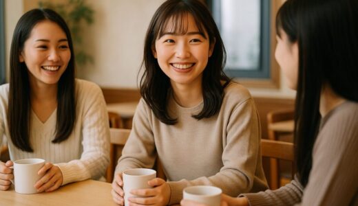 笑顔の女性 フリー素材：友達3人でテーブルを囲み笑顔を交わす大学生【ap000056】