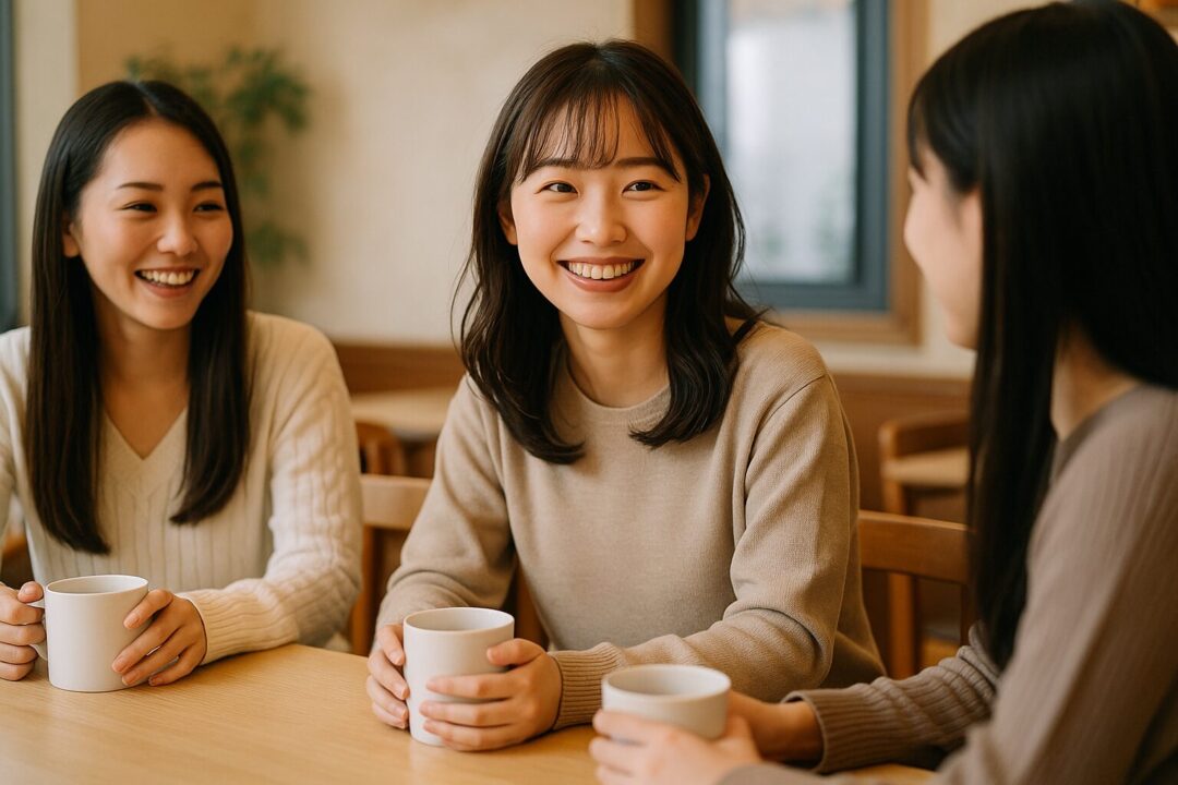 カフェでテーブルを囲む20代の日本人女子大学生3人。穏やかな雰囲気の中、笑顔で会話を楽しむ姿が印象的な無料画像