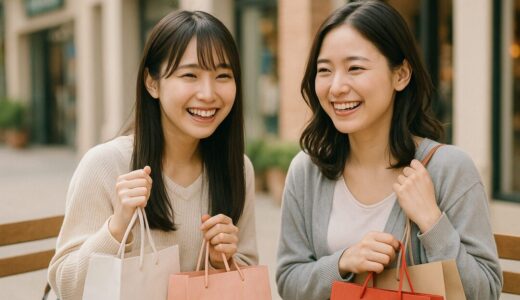 笑顔の女性 フリー素材：ショッピングを楽しむ2人の20代日本人女性【ap000057】