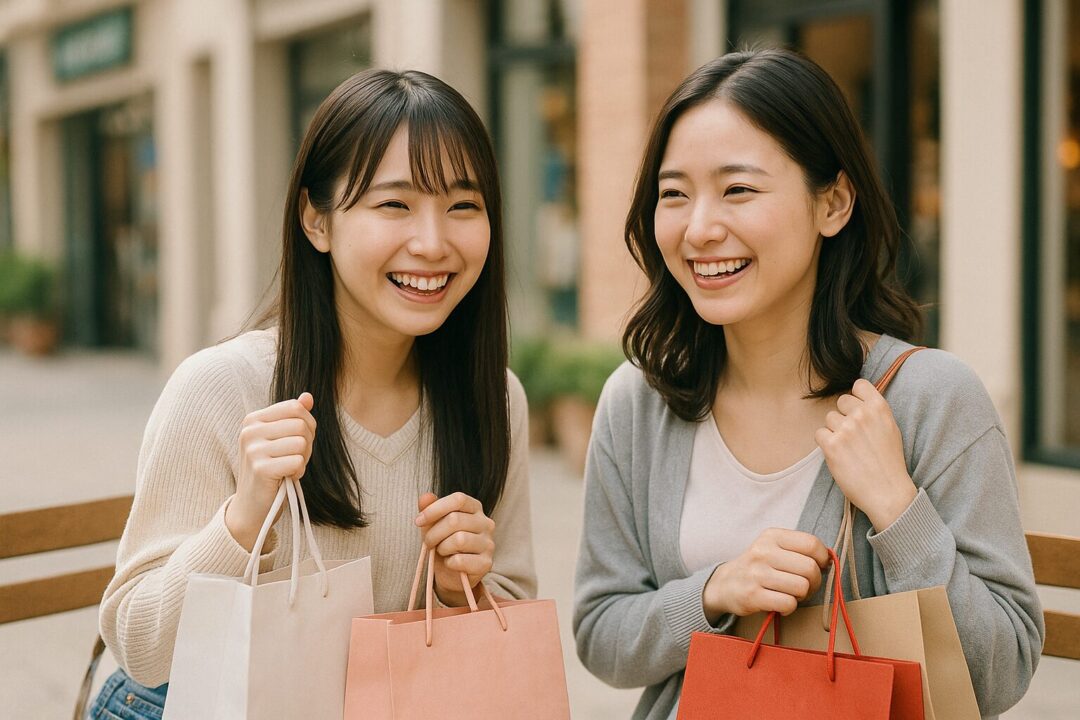 ショッピングバッグを手に笑顔を交わす20代の日本人女性2人。屋外のショッピングエリアで、楽しい時間を過ごしている様子が自然に表現された無料画像