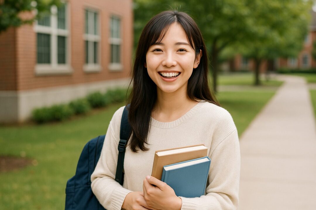 大学のキャンパスで教科書を抱え、笑顔を見せる20代の日本人女子大学生。明るく清潔感のある雰囲気が印象的な自然光の野外の画像素材