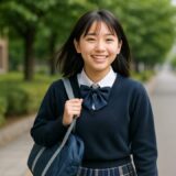 制服姿の日本人女子高校生が通学路を歩きながら笑顔を見せている様子。爽やかな緑道が背景に広がる、自然な通学シーン