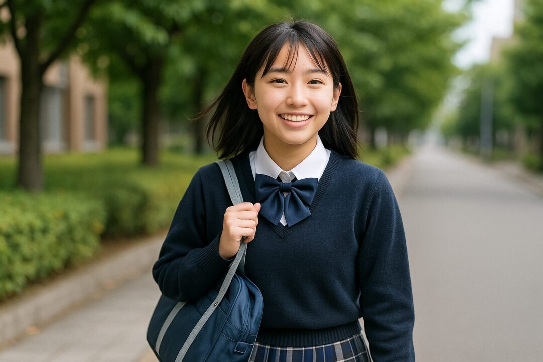 制服姿の日本人女子高校生が通学路を歩きながら笑顔を見せている様子。爽やかな緑道が背景に広がる、自然な通学シーン