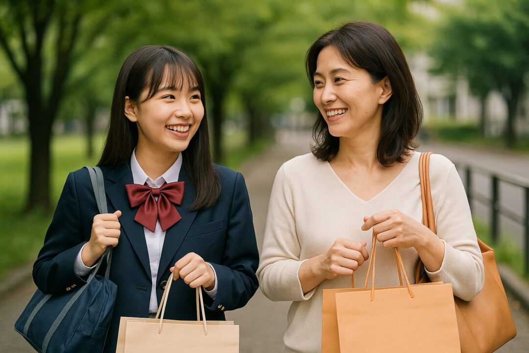 制服姿の高校生の娘と40代の母が仲良くショッピングを楽しむ様子。笑顔を交わしながら歩く、自然で温かな親子のひとときを切り取った一枚