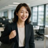 明るいオフィス内を歩く30代の日本人女性。黒のジャケットと革のトートバッグが知的で上品な印象を与える、働く女性のリアルなビジネスシーン