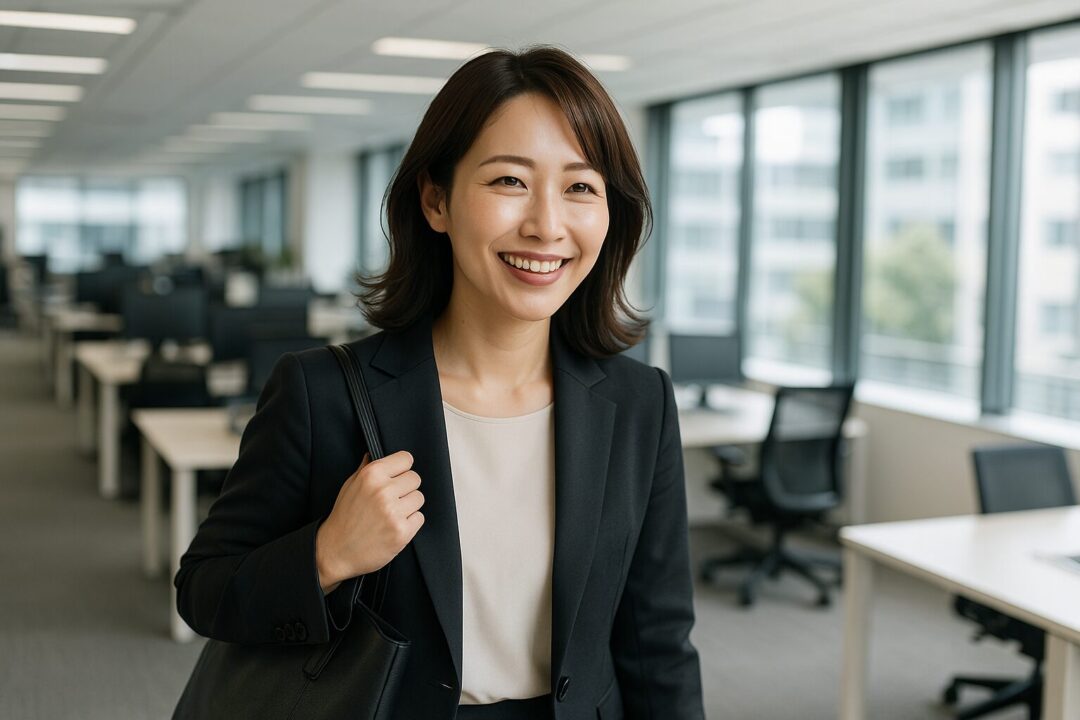 明るいオフィス内を歩く30代の日本人女性。黒のジャケットと革のトートバッグが知的で上品な印象を与える、働く女性のリアルなビジネスシーン