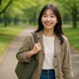 緑あふれる公園の小道を歩く20代の日本人女子大学生。肩にバッグをかけ、リラックスした笑顔で自然を楽しむ姿が爽やかに表現された一枚