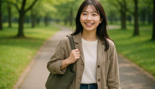 女性の笑顔 フリー素材 |公園を散歩する笑顔の日本人女子大学生【ap000062】