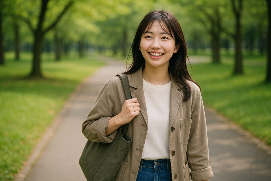 緑あふれる公園の小道を歩く20代の日本人女子大学生。肩にバッグをかけ、リラックスした笑顔で自然を楽しむ姿が爽やかに表現された一枚